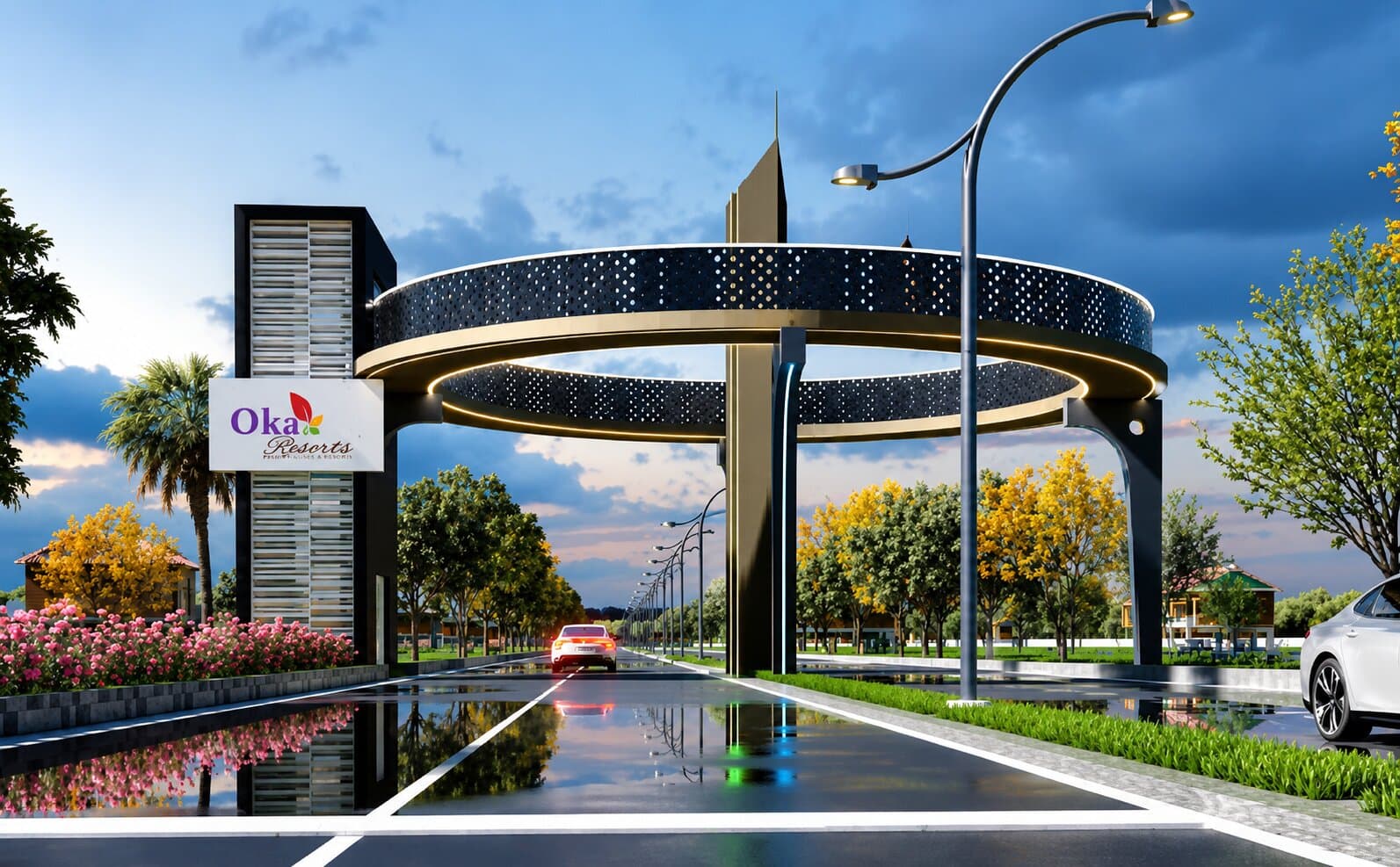 Rendered entrance gate and boulevard at Oka Resorts