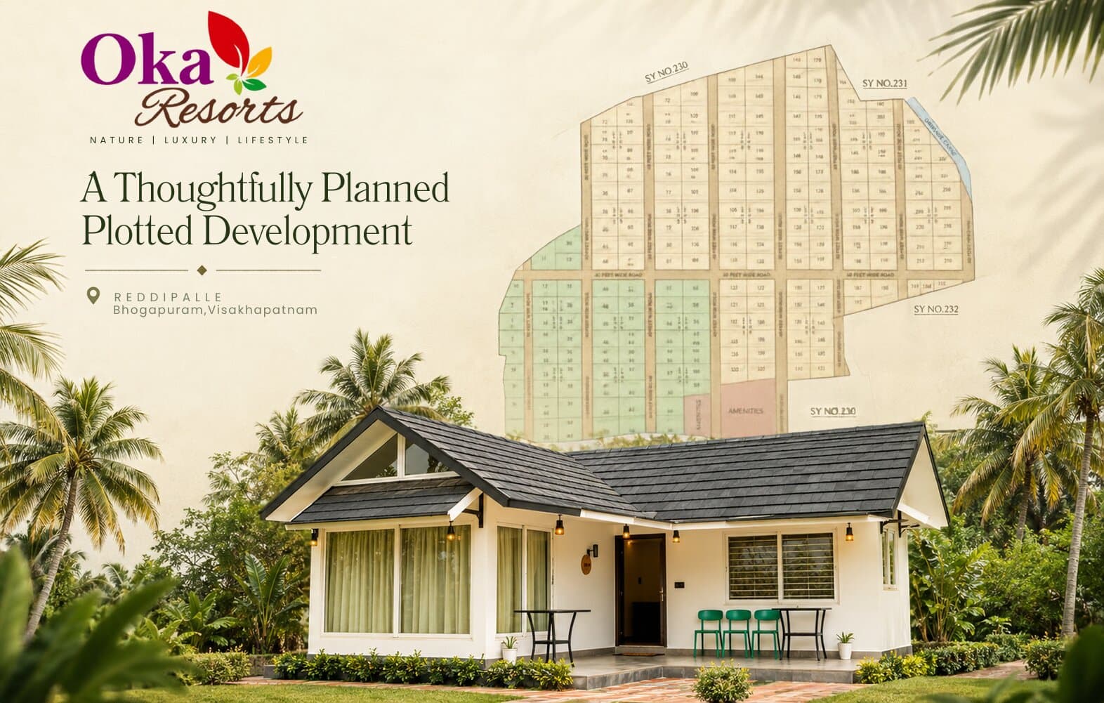 Oka Resorts plotted development at Reddipalli, Padmanabham — layout map and farmhouse
