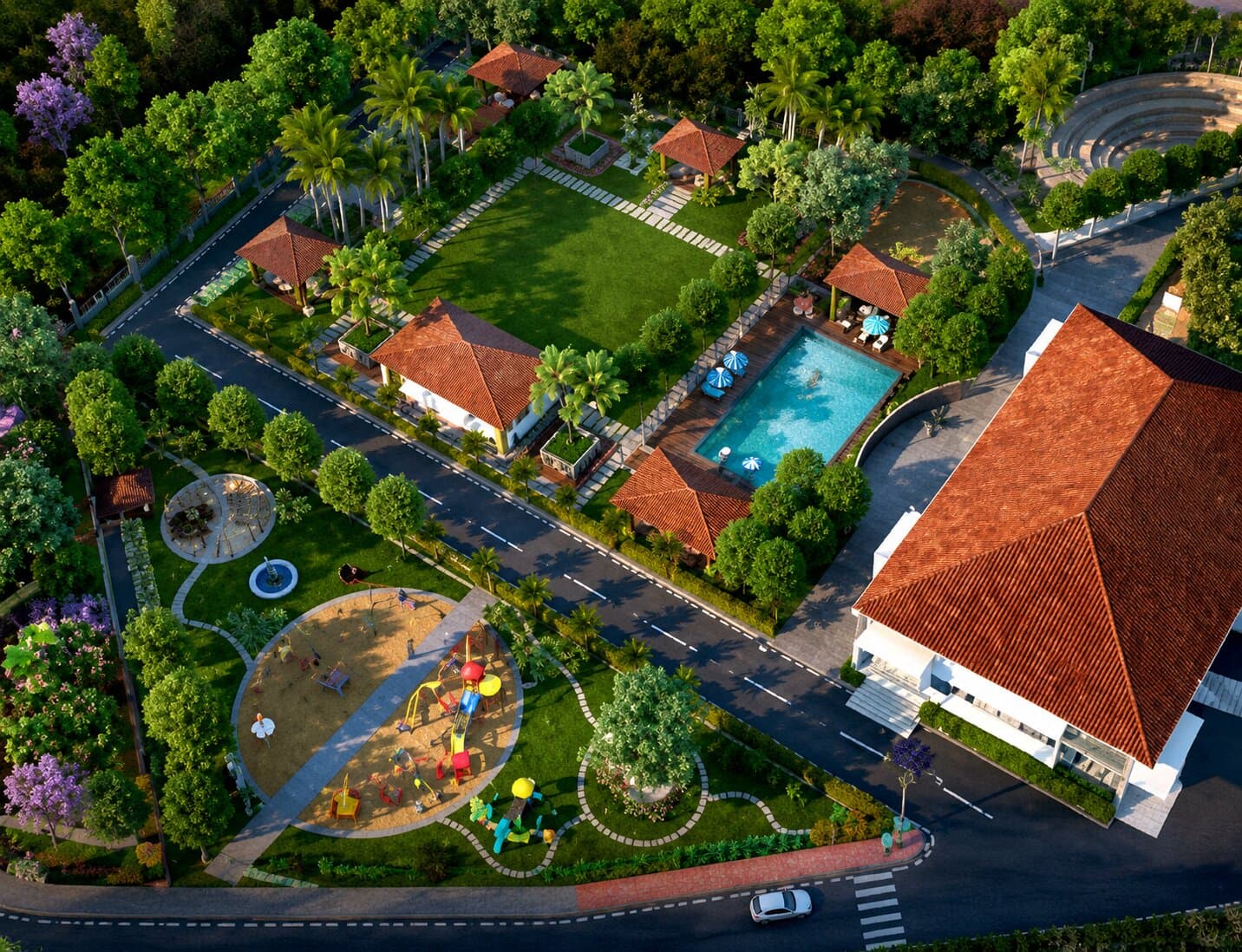 Aerial view of landscaped park within the layout